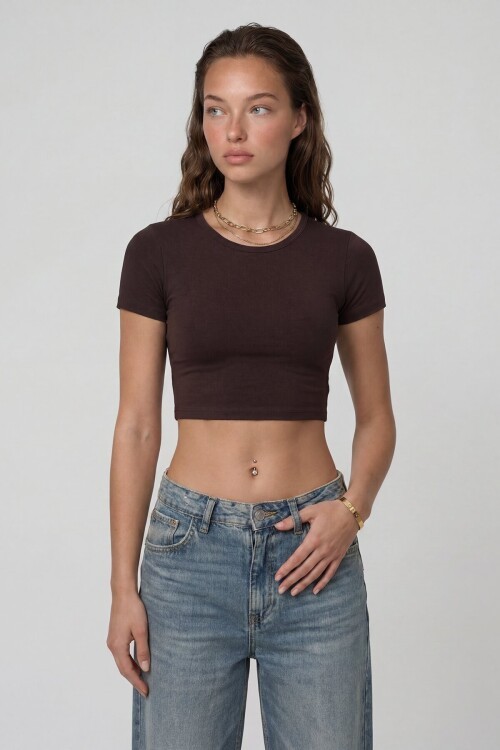 Kısa Kol Bisiklet Yaka Crop Bluz