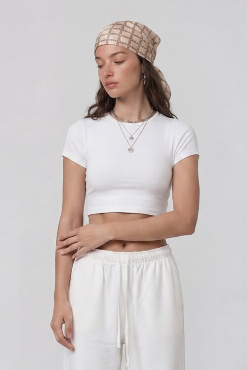 Kısa Kol Bisiklet Yaka Crop Bluz