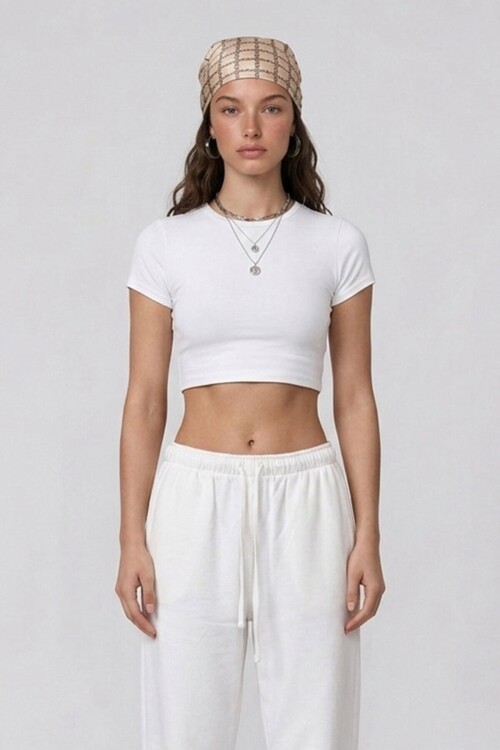 Kısa Kol Bisiklet Yaka Crop Bluz