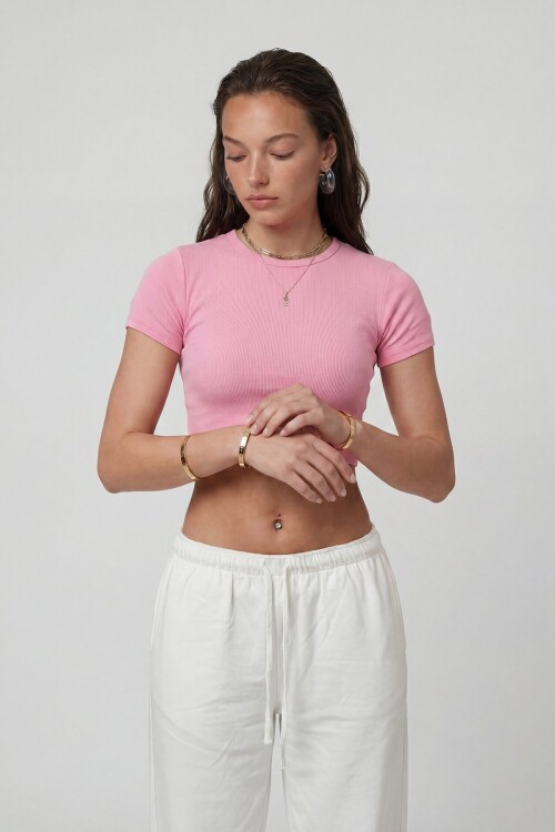 Kısa Kol Bisiklet Yaka Crop Bluz