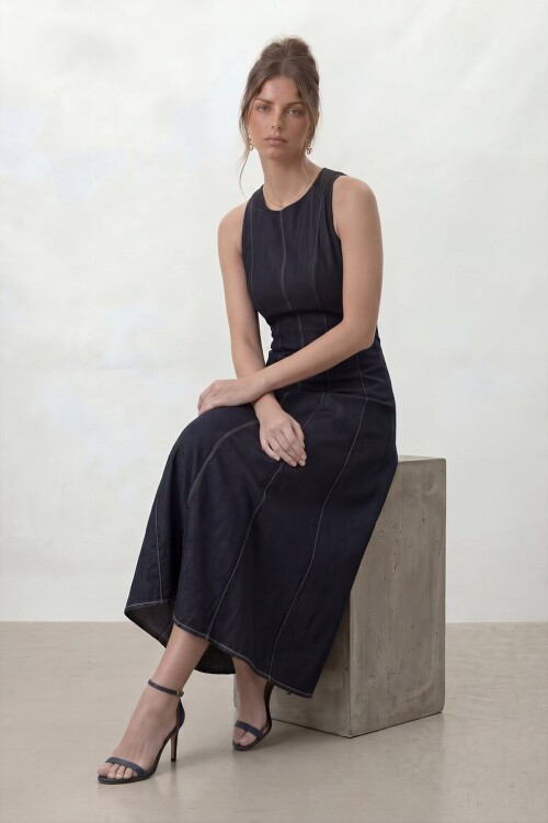 Kolsuz A Kesim Midi Denim Elbise