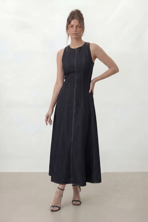 Kolsuz A Kesim Midi Denim Elbise