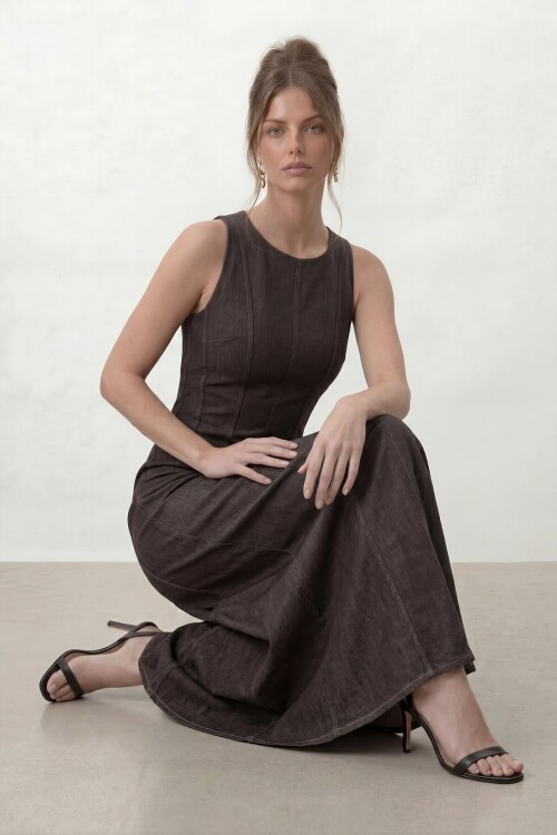 Kolsuz A Kesim Midi Denim Elbise