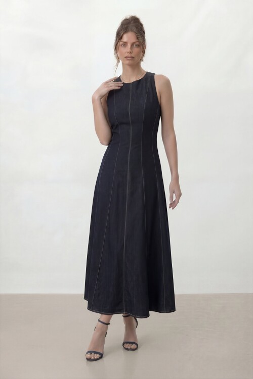 Kolsuz A Kesim Midi Denim Elbise