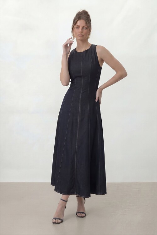 Kolsuz A Kesim Midi Denim Elbise