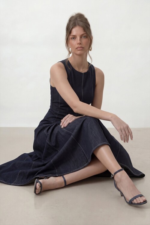 Kolsuz A Kesim Midi Denim Elbise