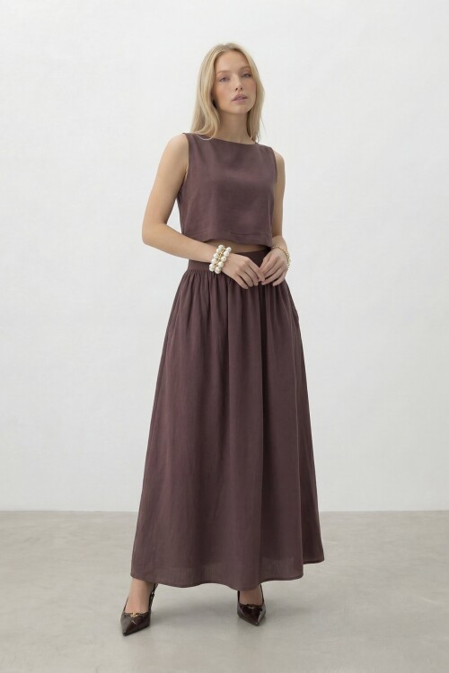 Kolsuz Crop Bluz Ve Uzun Etek Takım