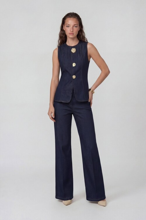 Kolsuz Düğme Detaylı Yelek Ve Denim Pantolon Takım