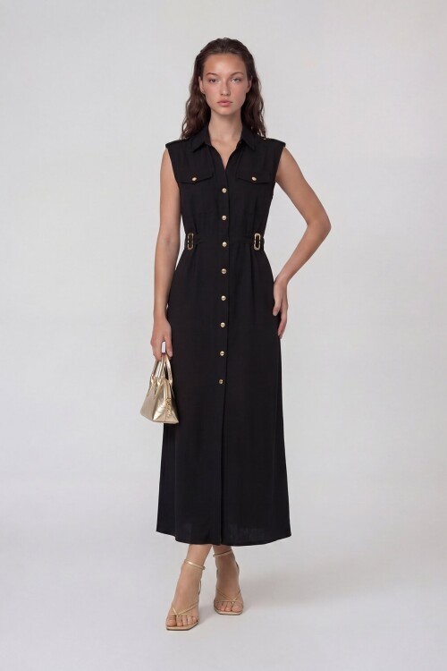 Kolsuz Gömlek Yaka Düğme Ve Kemer Detaylı Midi Elbise