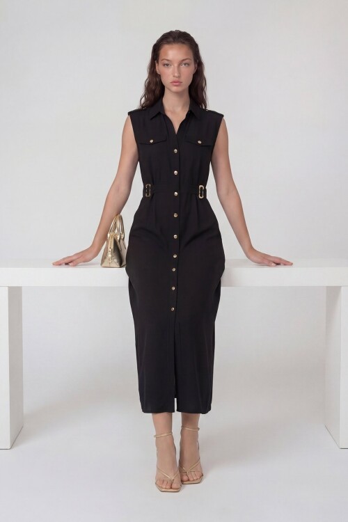 Kolsuz Gömlek Yaka Düğme Ve Kemer Detaylı Midi Elbise