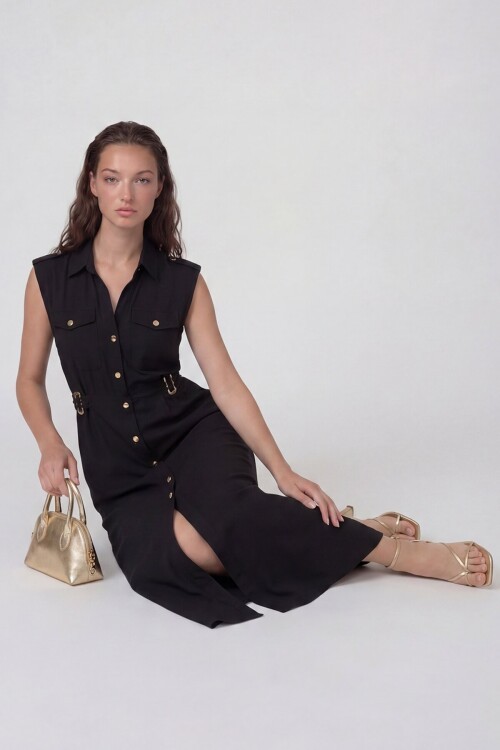 Kolsuz Gömlek Yaka Düğme Ve Kemer Detaylı Midi Elbise