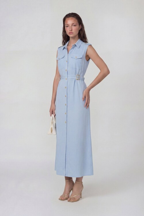 Kolsuz Gömlek Yaka Düğme Ve Kemer Detaylı Midi Elbise