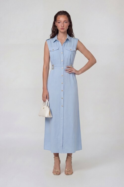 Kolsuz Gömlek Yaka Düğme Ve Kemer Detaylı Midi Elbise