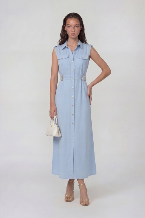 Kolsuz Gömlek Yaka Düğme Ve Kemer Detaylı Midi Elbise