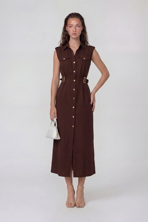 Kolsuz Gömlek Yaka Düğme Ve Kemer Detaylı Midi Elbise