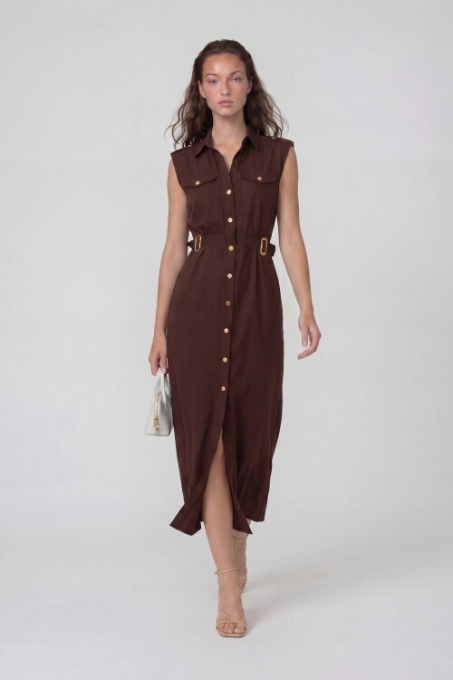 Kolsuz Gömlek Yaka Düğme Ve Kemer Detaylı Midi Elbise