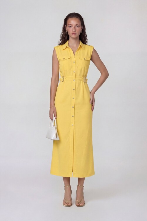 Kolsuz Gömlek Yaka Düğme Ve Kemer Detaylı Midi Elbise