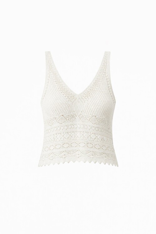 Krem Askılı Ajurlu Örme Crop Bluz