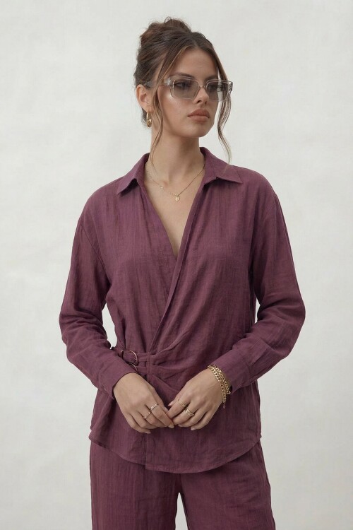 Kruvaze Kesim Bağlamalı Bluz Ve Pantolon Takım