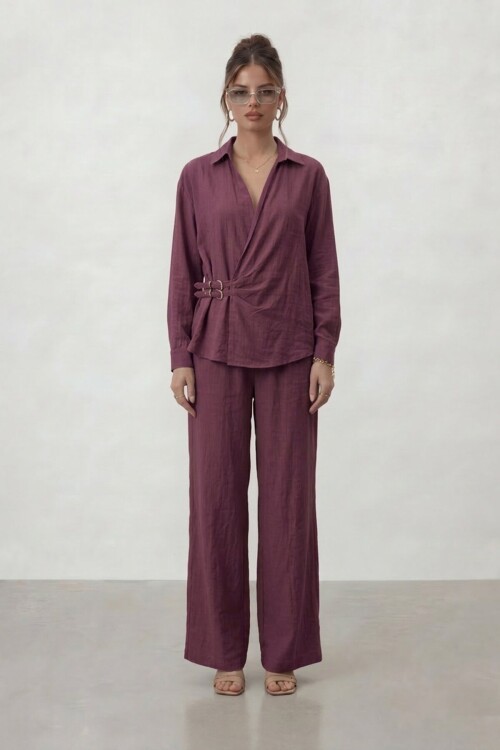 Kruvaze Kesim Bağlamalı Bluz Ve Pantolon Takım