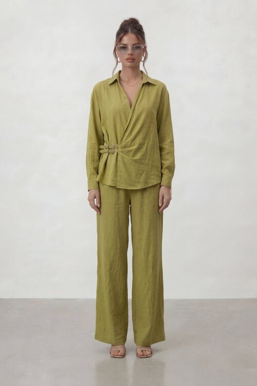 Kruvaze Kesim Bağlamalı Bluz Ve Pantolon Takım