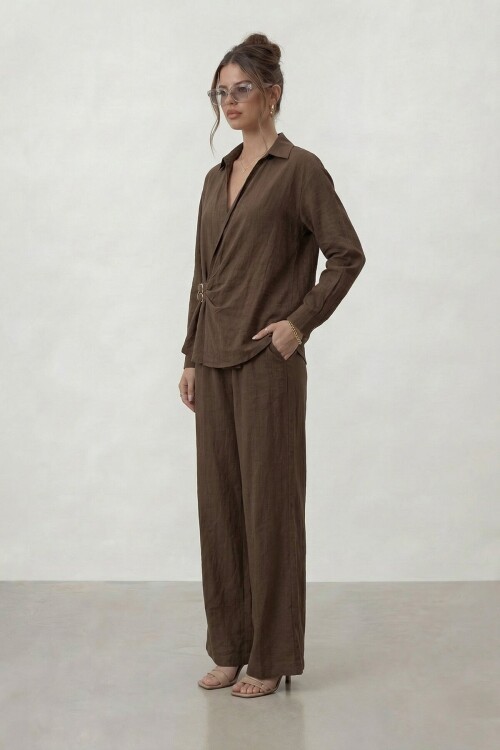 Kruvaze Kesim Bağlamalı Bluz Ve Pantolon Takım