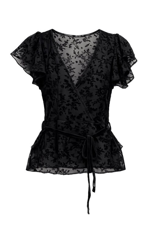 Kruvaze Yaka Bağlamalı Dantel Bluz