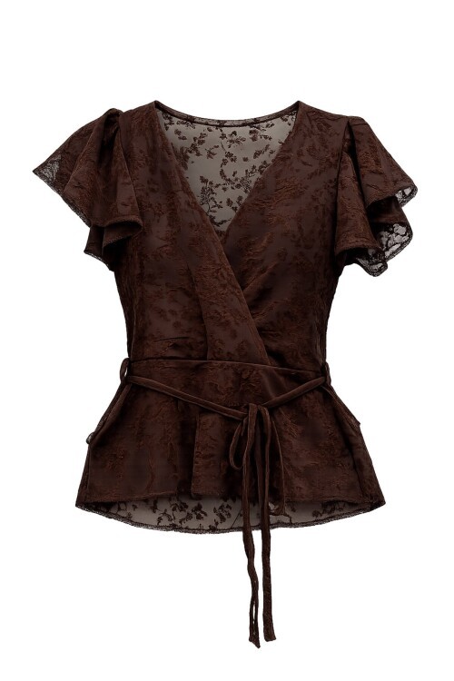 Kruvaze Yaka Bağlamalı Dantel Bluz