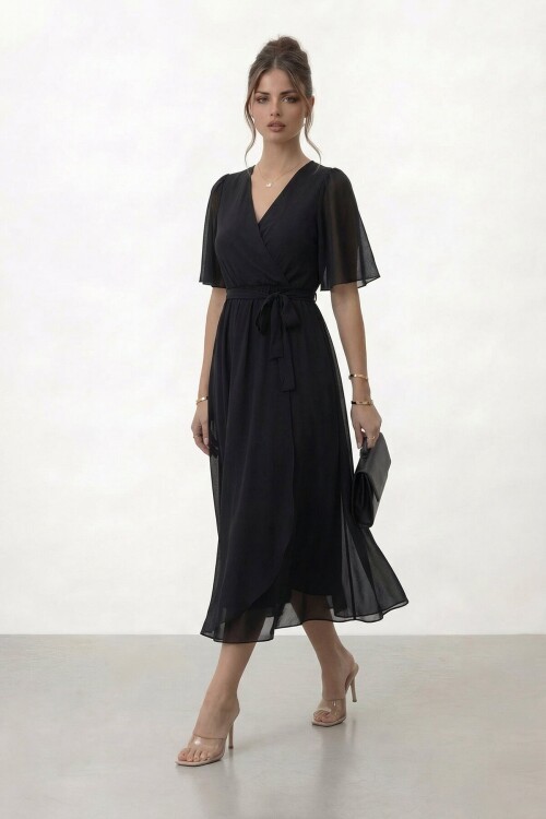 Kruvaze Yaka Belden Bağlamalı Midi Elbise