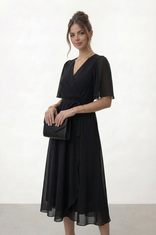 Kruvaze Yaka Belden Bağlamalı Midi Elbise