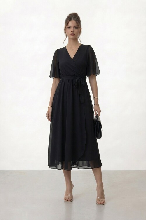 Kruvaze Yaka Belden Bağlamalı Midi Elbise