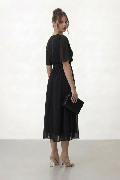 Kruvaze Yaka Belden Bağlamalı Midi Elbise