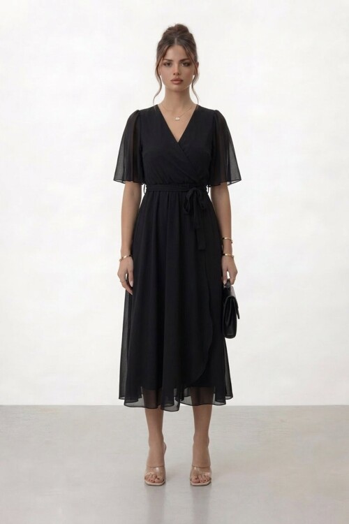 Kruvaze Yaka Belden Bağlamalı Midi Elbise