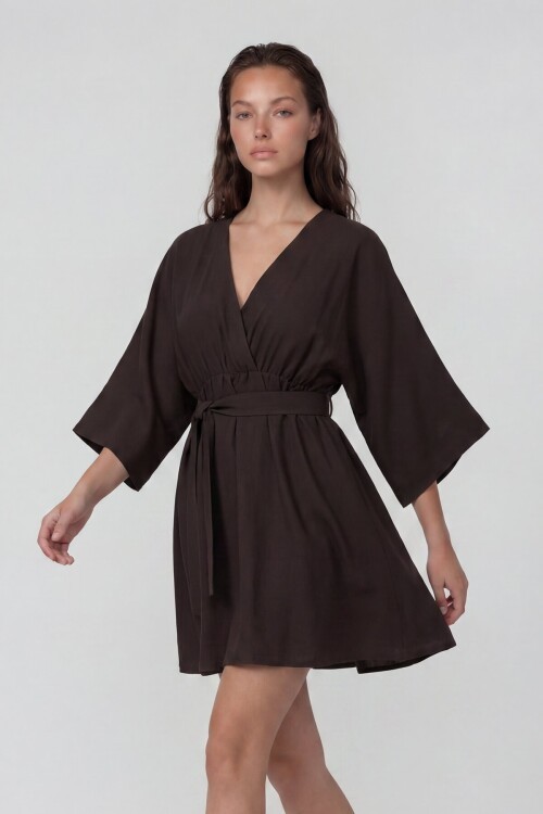 Kruvaze Yaka Beli Büzgülü Sofia Keten Elbise