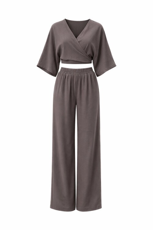 Kruvaze Yaka Bluz Ve Pantolon Takım