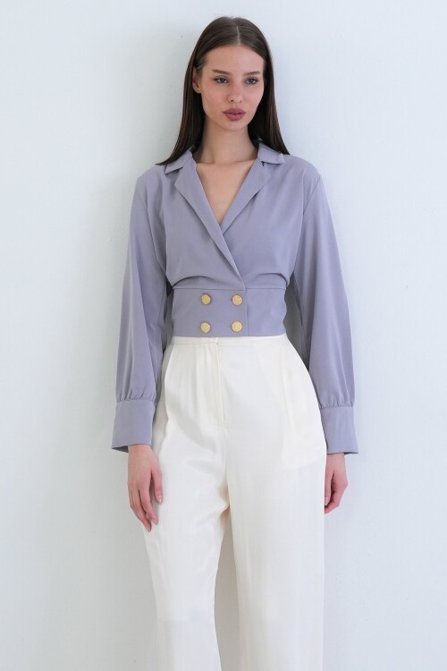 Kruvaze Yaka Düğmeli Crop Ceket