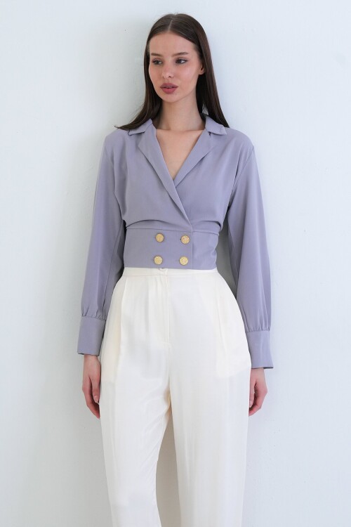 Kruvaze Yaka Düğmeli Crop Ceket