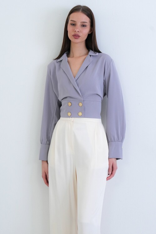 Kruvaze Yaka Düğmeli Crop Ceket