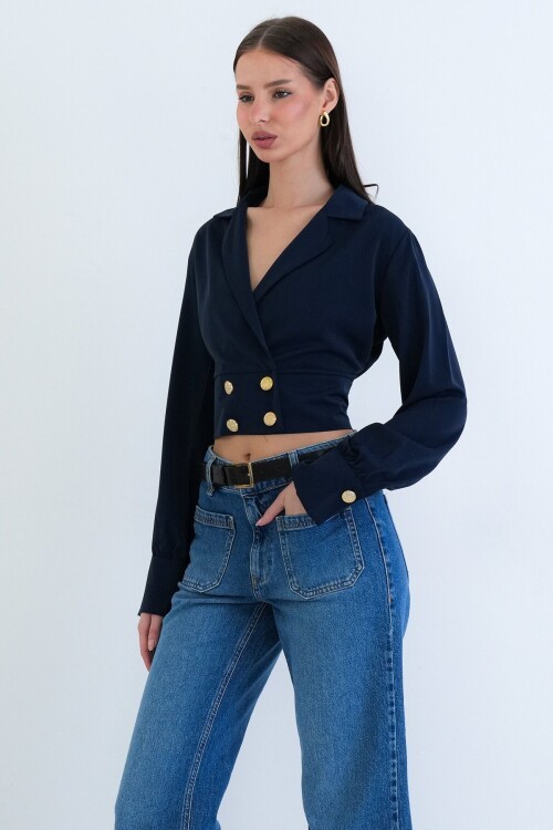Kruvaze Yaka Düğmeli Crop Ceket
