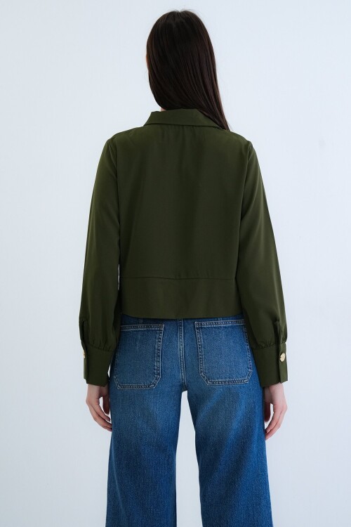 Kruvaze Yaka Düğmeli Crop Ceket