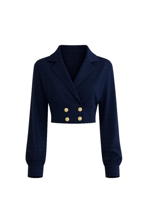 Kruvaze Yaka Düğmeli Crop Ceket