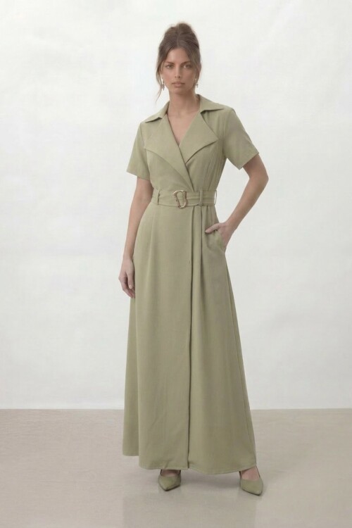 Kruvaze Yaka Gold Kemer Detaylı Kısa Kol Uzun Elbise