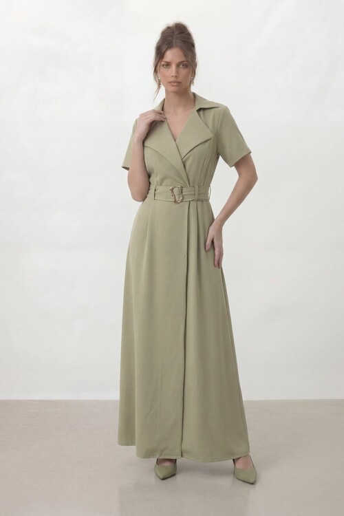 Kruvaze Yaka Gold Kemer Detaylı Kısa Kol Uzun Elbise