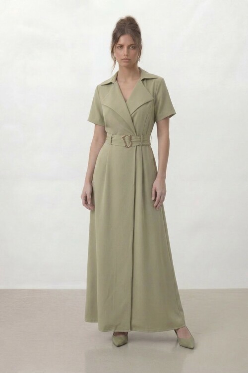 Kruvaze Yaka Gold Kemer Detaylı Kısa Kol Uzun Elbise