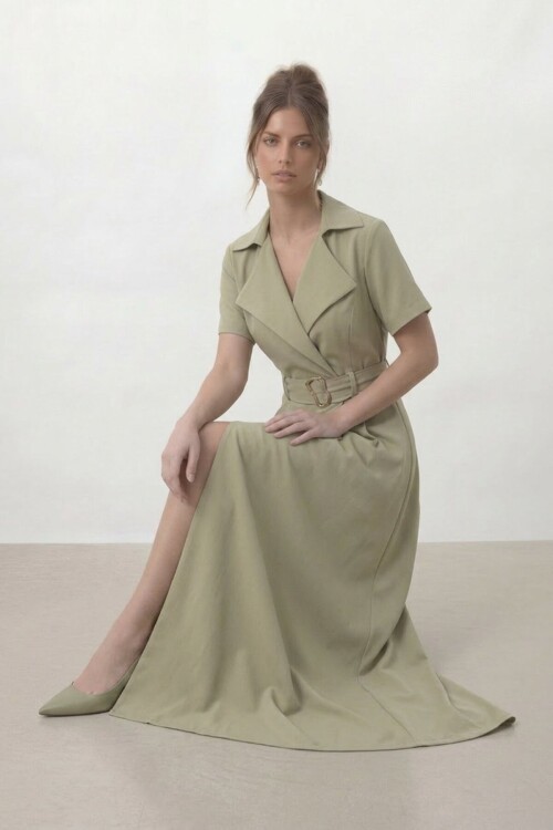 Kruvaze Yaka Gold Kemer Detaylı Kısa Kol Uzun Elbise