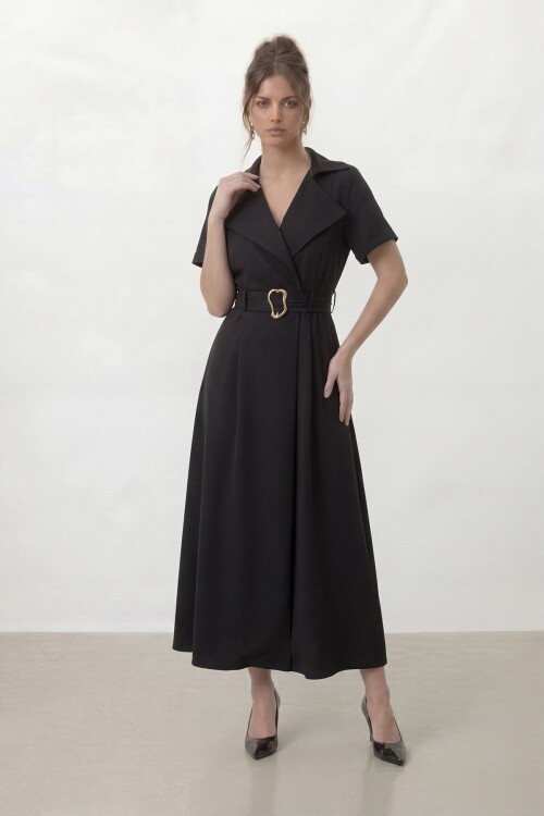 Kruvaze Yaka Gold Kemer Detaylı Kısa Kol Uzun Elbise