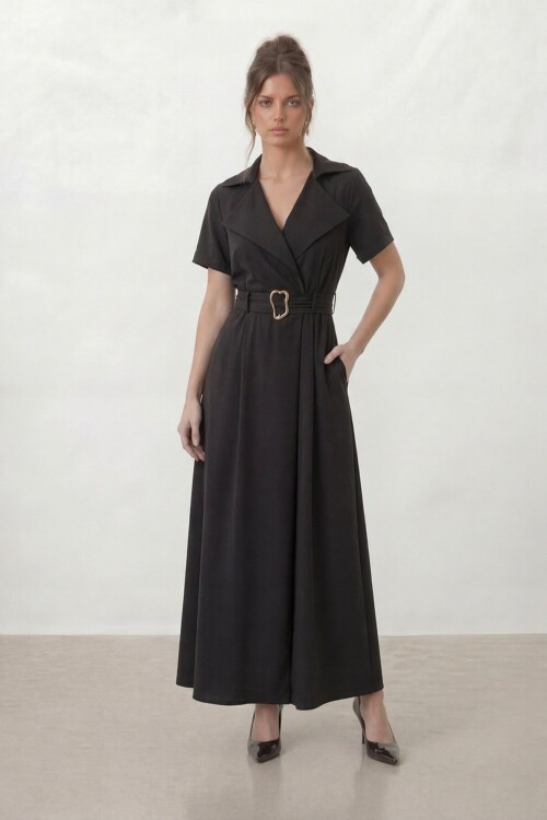 Kruvaze Yaka Gold Kemer Detaylı Kısa Kol Uzun Elbise