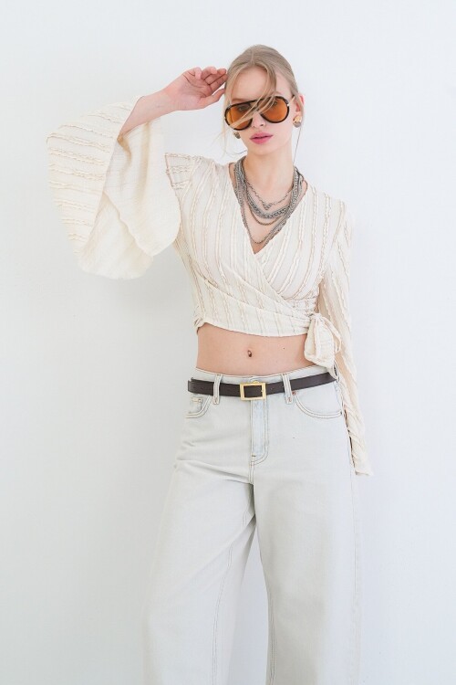 Kruvaze Yaka İspanyol Kol Crop Bluz