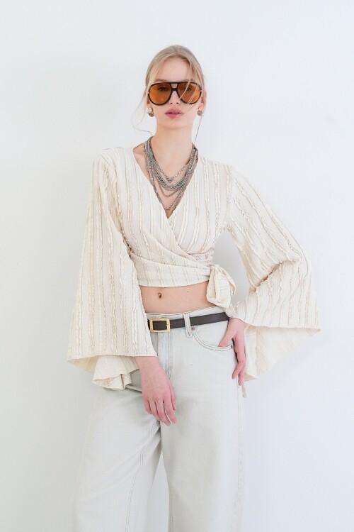 Kruvaze Yaka İspanyol Kol Crop Bluz