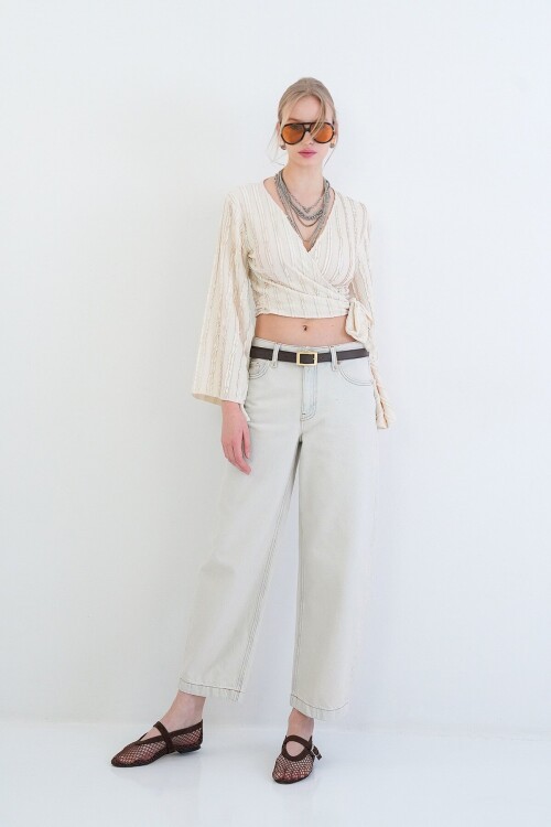 Kruvaze Yaka İspanyol Kol Crop Bluz